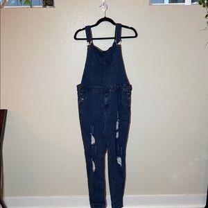 SHEIN Dark Blue Distressed Denim Overalls